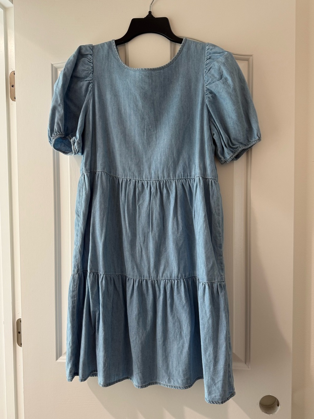 H&M Light Blue Puff Sleeve Tiered Denim Dress - Size Small
